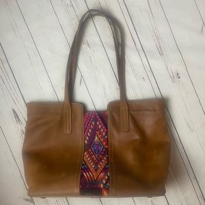 CIELO Light Brown Leather Tote Bag With  HUIPIL Woven Accent Zip Top Two Handle